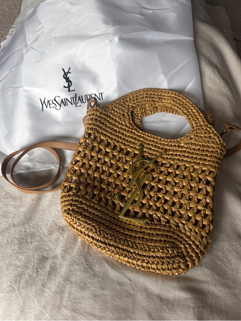Yves Saint Laurent Tan Woven Raffia Crossbody with Gold YSL Emblem